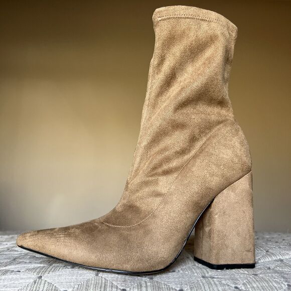 Marc Fisher LTD Larry Sock Ankle Boot Women 9 M Tan Faux Suede Pointed Toe Block - Picture 1 of 15